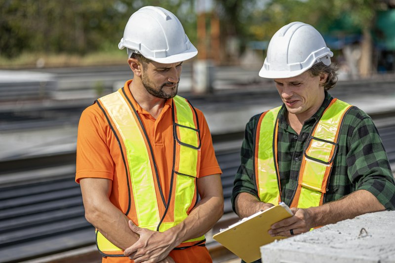 Two workers review a permit together on site