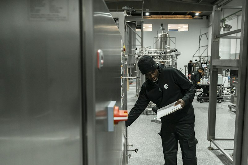 A worker checks a checklist at an equipment panel
